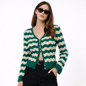 Misa Los Angeles Green and White Knit Cardigan